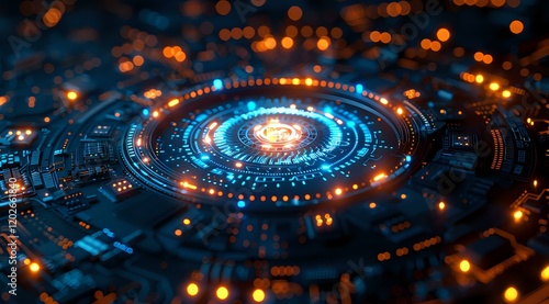 Wallpaper Mural Futuristic digital circular interface with glowing blue and orange lights, perfect for technology presentations, cyber security concepts and AI innovation backgrounds. Torontodigital.ca
