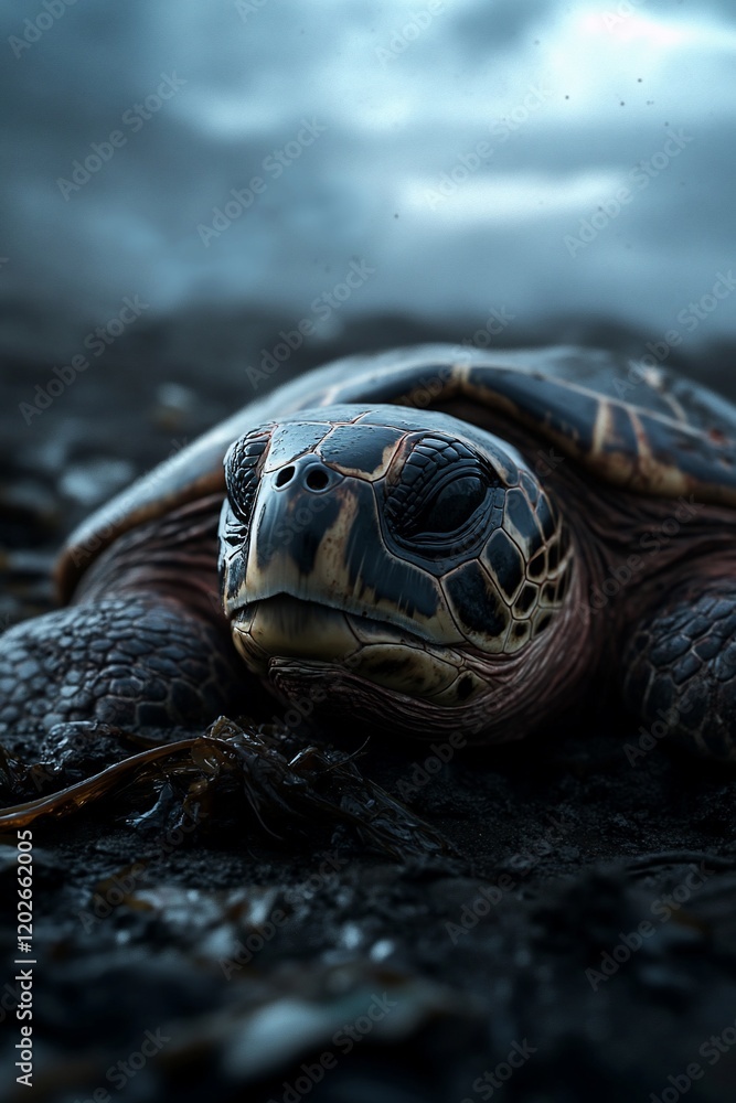 Sea turtle resting on beach, stormy sky. Ocean wildlife conservation