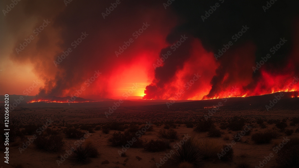 Fototapeta premium A dramatic and apocalyptic depiction of a major city consumed by flames and thick smoke, symbolizing destruction, chaos, and the fragility of urban life