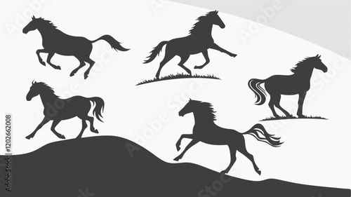 Four Silhouettes of Running Horses in a Peaceful Landscape