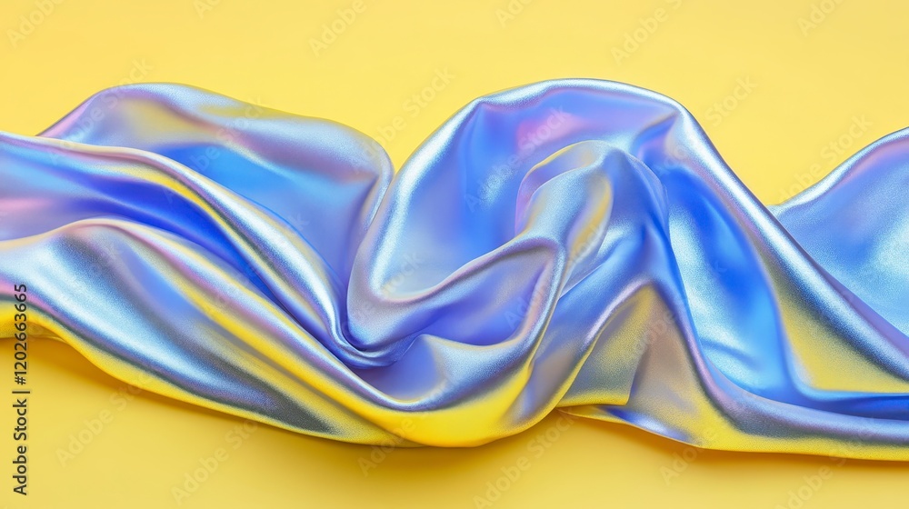 Obraz premium Iridescent Blue Silk Fabric Draped on Yellow Background Abstract Texture Luxury Textile