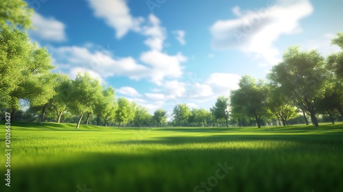 Fototapeta Naklejka Na Ścianę i Meble -  Beautiful sunny summer landscape in the park with green grass and trees