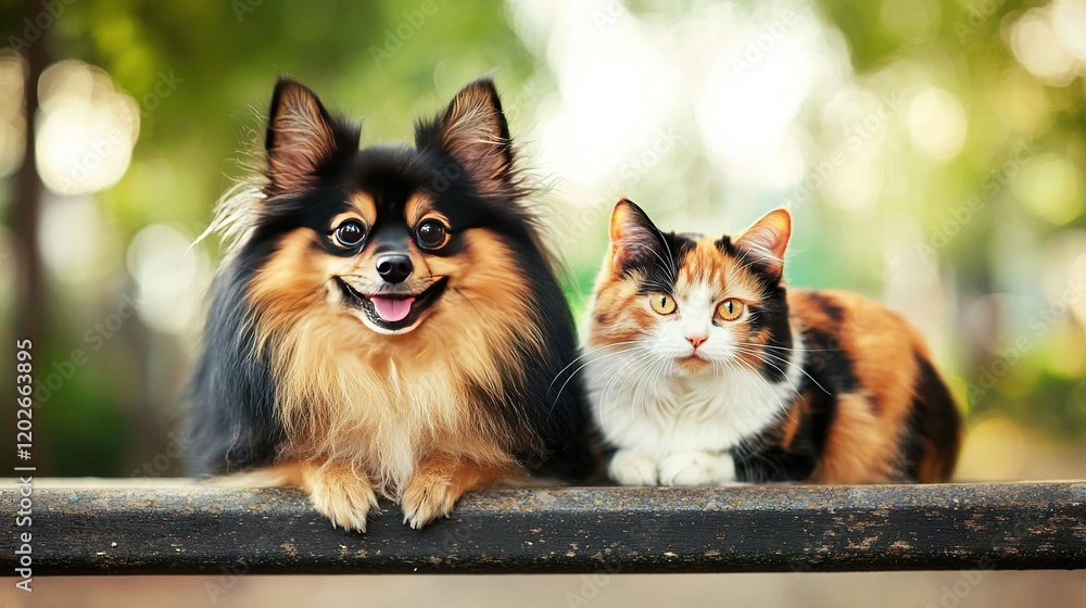 Two small dogs and a cat rest on a wooden bench amidst a hazy backdrop of tree trunks and green grass Two small dogs and a cat rest on a wooden bench amidst a hazy backdrop of tree trunks and green grass