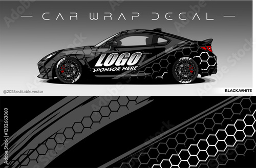 Car Wrap Design. Livery decal car vector with black white colour. Sticker full body car suitable for racing, rally and daily use