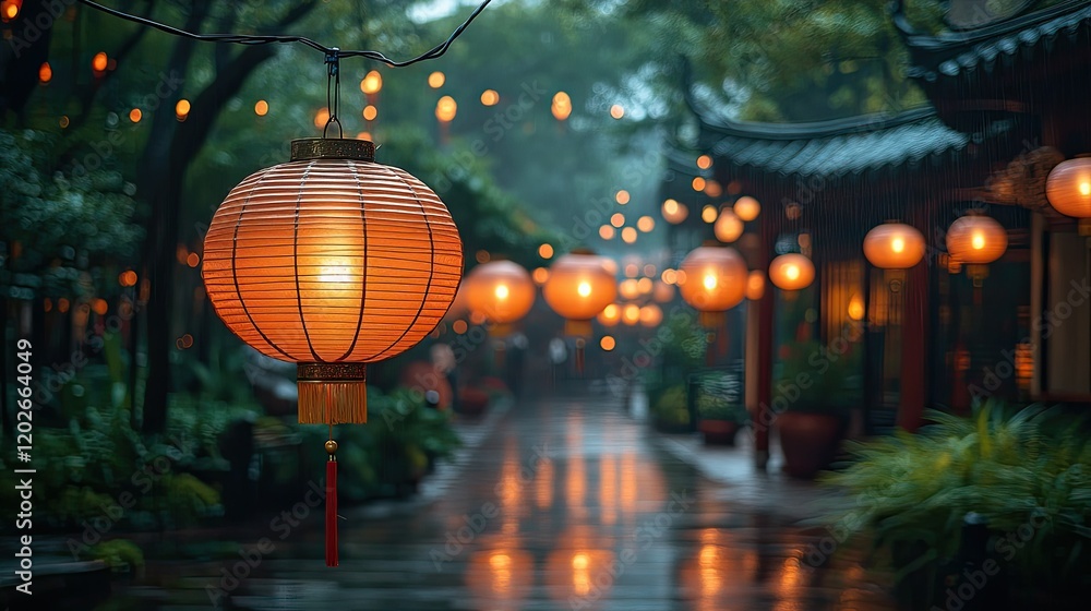 Serene lantern-lit pathway in a lush garden, creating a tranquil atmosphere during rain. Serene lantern-lit pathway in a lush garden, creating a tranquil atmosphere during rain.