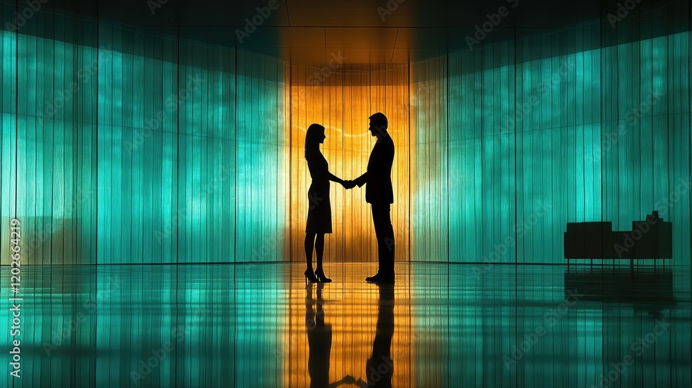 Silhouettes of two people shaking hands in a modern, colorful environment. Silhouettes of two people shaking hands in a modern, colorful environment.