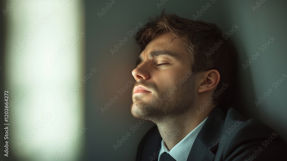 A young manager in an office suit is depressed and exhausted, laying his head against the wall and closing his eyes. He is feeling dissatisfied, overworked, and desperate. A young manager in an office suit is depressed and exhausted, laying his head against the wall and closing his eyes. He is feeling dissatisfied, overworked, and desperate.