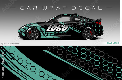 Car Wrap Design. Livery decal car vector with black green colour. Sticker full body car suitable for racing, rally and daily use