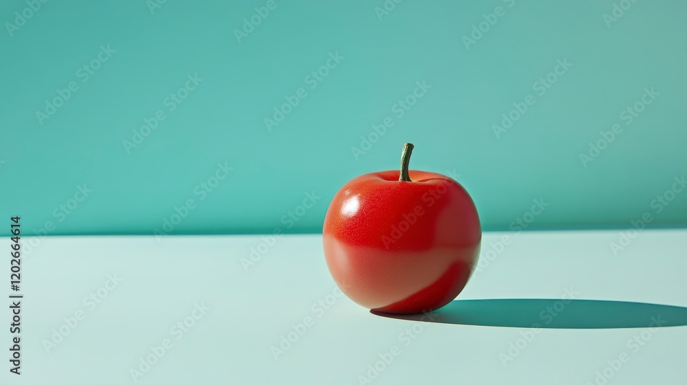 Obraz premium Single Red Apple on Light Teal Background Minimalist Fruit Photography