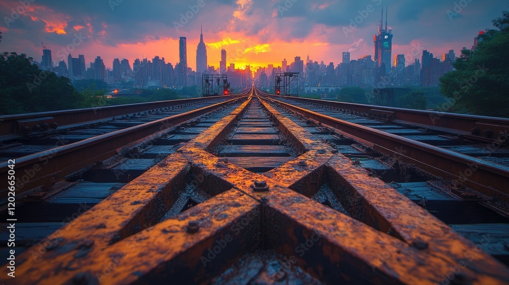 Fototapeta premium Sunset over city skyline with railroad tracks in the foreground, creating a dramatic perspective.