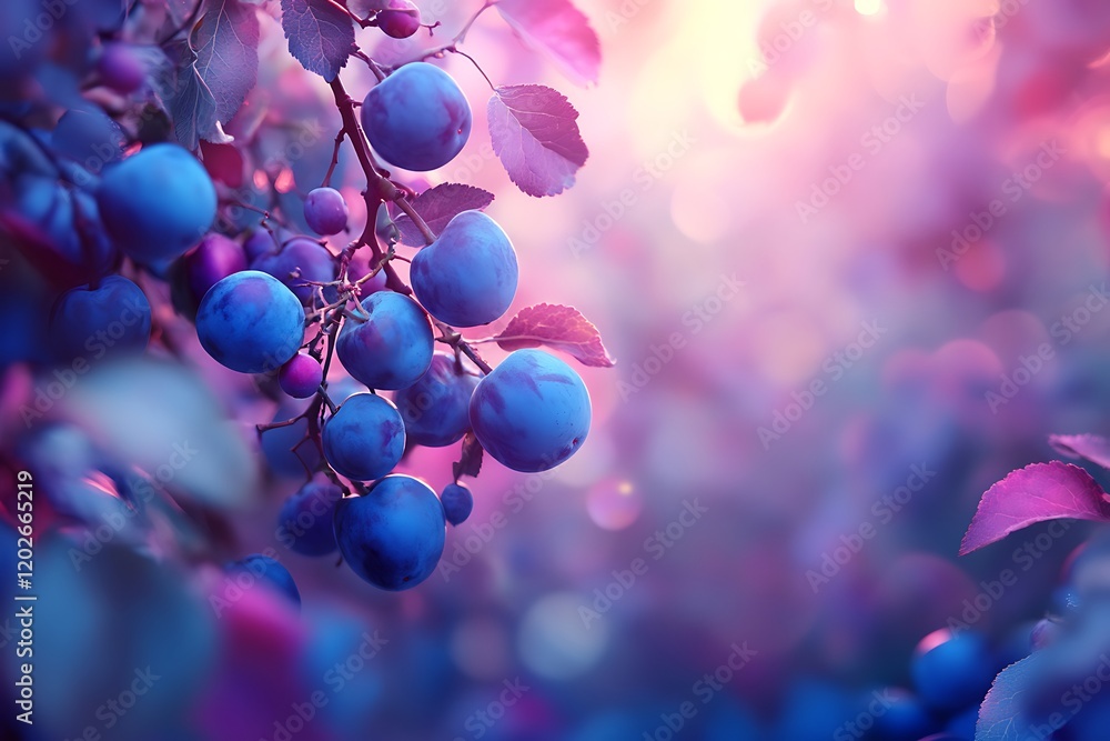 Blue ripe plums on a branch in the garden, closeup Blue ripe plums on a branch in the garden, closeup