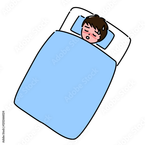 熱を出して布団で苦しそうに眠っている男の子