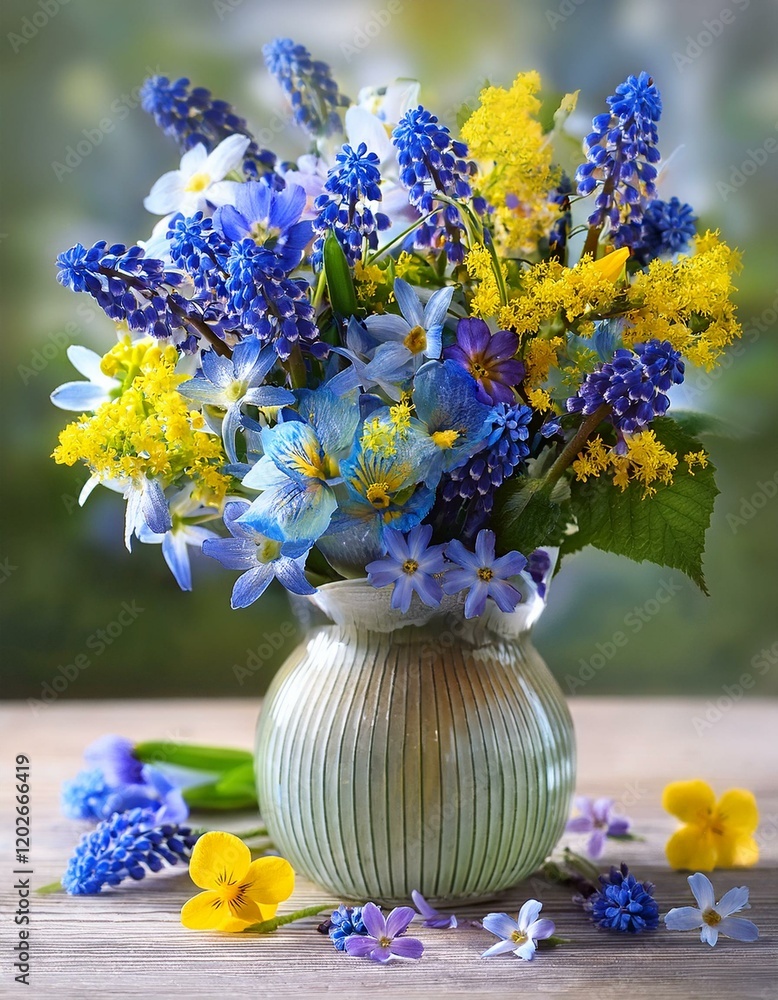 A bouquet of spring blue, yellow flowers in a vase on the table. Pansies, forget-me-nots, primroses, bird cherry, violets, muscari. Postcard, blur, selective focus.