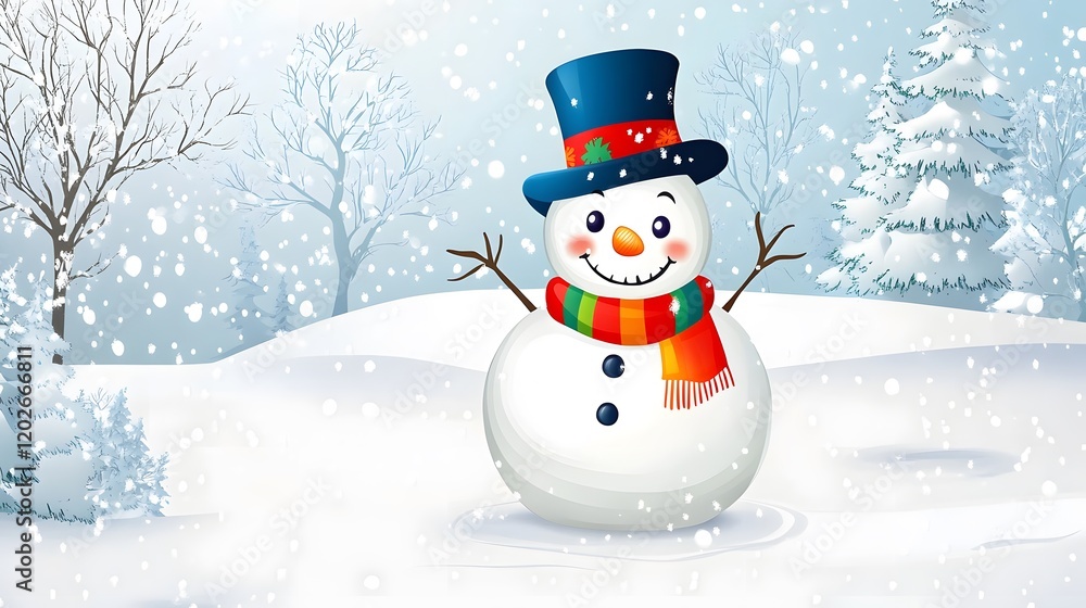 Fototapeta premium Cheerful Snowman in Winter Wonderland Snow Scene