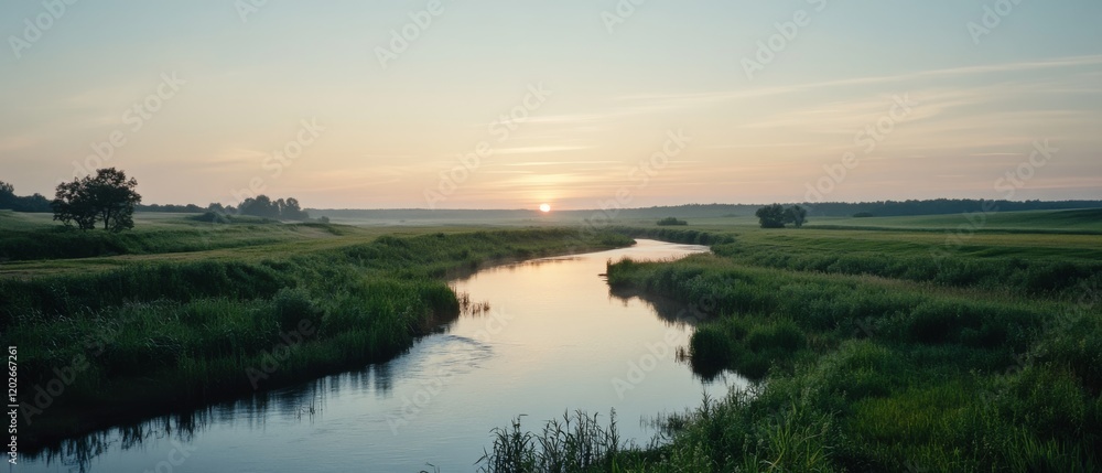 A gentle river winds through lush green fields at dawn, reflecting the soft glow of the rising sun and creating a peaceful, idyllic scene. A gentle river winds through lush green fields at dawn, reflecting the soft glow of the rising sun and creating a peaceful, idyllic scene.