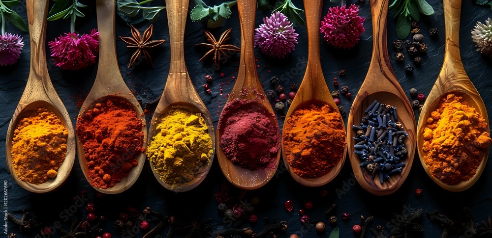 Fototapeta premium Colorful aromatic spices in wooden spoons arranged in row on dark background with dried flowers and star anise, perfect for cooking, food blog or restaurant menu design.