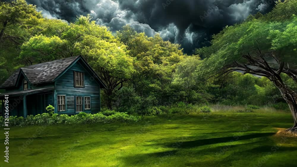 Mysterious rustic blue house surrounded by lush greenery under a dramatic stormy sky Mysterious rustic blue house surrounded by lush greenery under a dramatic stormy sky