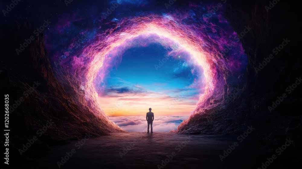 Man contemplates cosmic portal, cloudscape background; fantasy, spirituality Man contemplates cosmic portal, cloudscape background; fantasy, spirituality