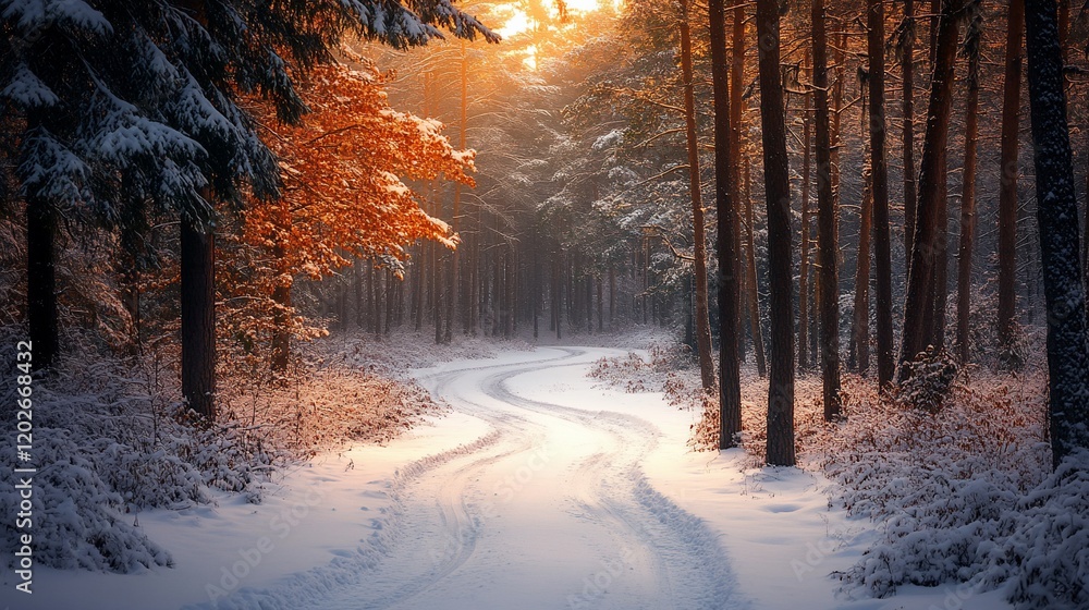 Snowy forest path at sunset, winter wonderland, nature scene