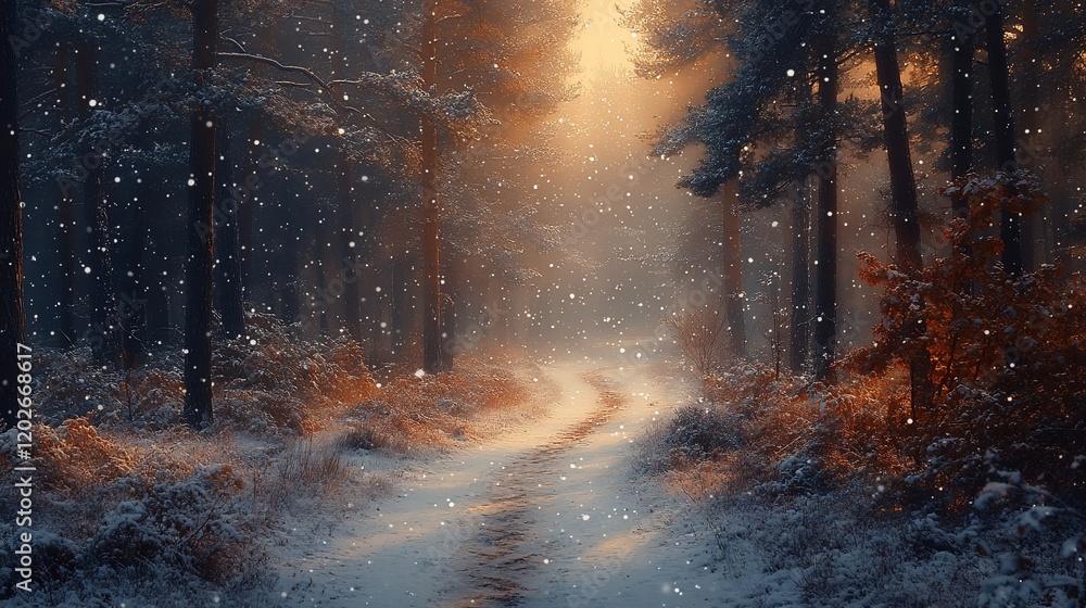 Naklejka premium Snowy path through winter forest at dawn