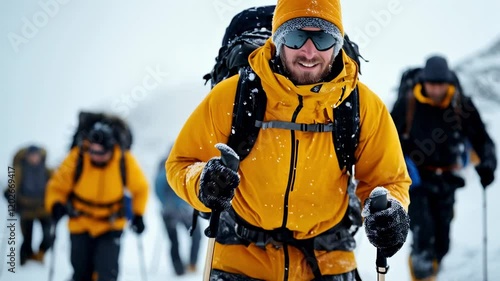 Wallpaper Mural Braving the Snow: Thrilling Mountain Expedition with Enthusiastic Climbers in Vibrant Yellow Gear Amidst a Blustery Winter Storm Torontodigital.ca