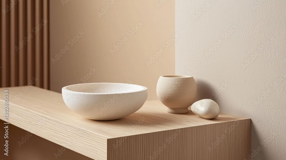 Minimalist wooden shelf with modern ceramic bowls Minimalist wooden shelf with modern ceramic bowls