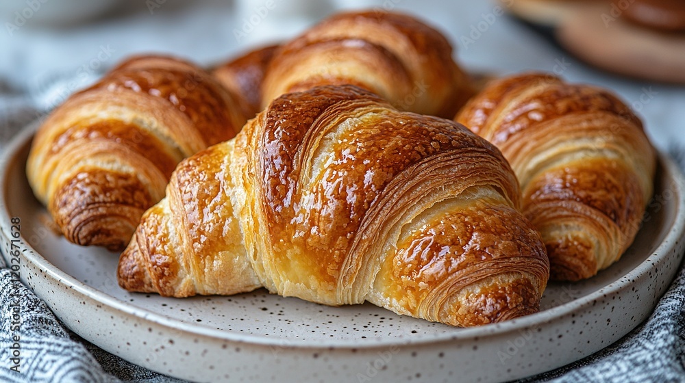 A blue and white tablecloth is beneath a white plate, holding croissants Next to it, a cup of coffee rests A blue and white tablecloth is beneath a white plate, holding croissants Next to it, a cup of coffee rests