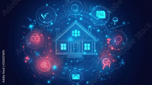 Wallpaper Mural Digital concept of smart home with interconnected icons showcasing security, communication, and convenience features, representing modern technology in a home environment. Torontodigital.ca