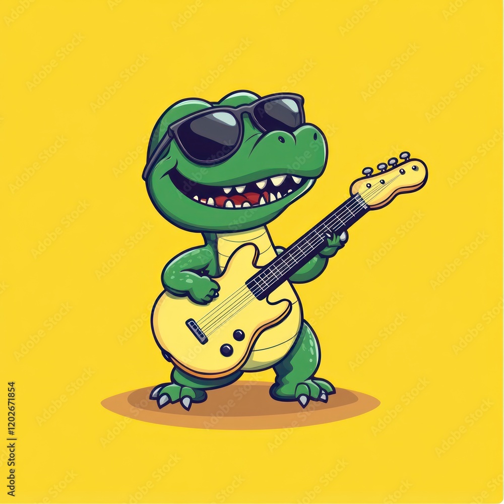 Obraz premium Cool dinosaur playing bass guitar on yellow background; fun illustration for kids' music