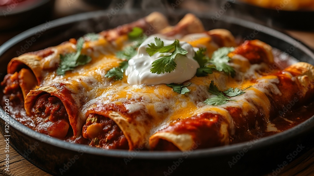 Steaming enchiladas, cheese, sour cream, cilantro, wooden table. Food photography for recipe blogs Steaming enchiladas, cheese, sour cream, cilantro, wooden table. Food photography for recipe blogs