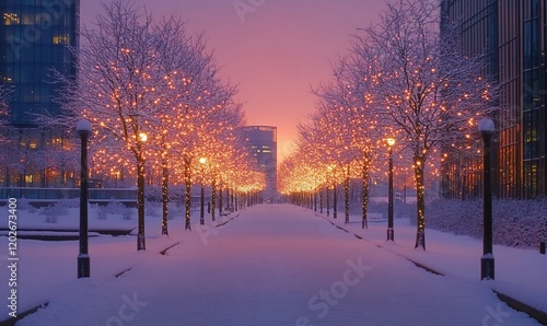 Snowy city avenue at dawn with lit trees photo