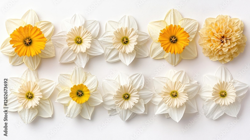 Obraz premium Daffodil flower heads arranged in a neat two-row grid pattern on a clean white background.