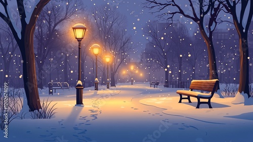 Snowy park at night, illuminated by streetlights, perfect for relaxation or winter inspiration photo