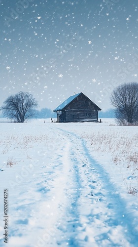 Snowy path to rustic cabin. Winter scene. Possible use Stock photo photo