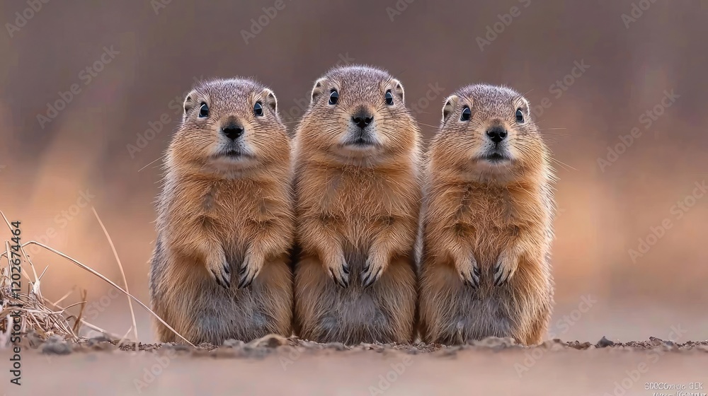 Fototapeta premium Three adorable ground squirrels posing outdoors at sunset; wildlife photography for nature blogs or calendars