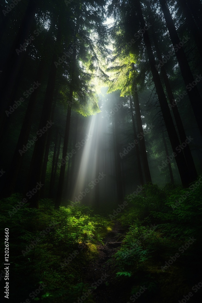 Obraz premium Sunbeam in misty forest path