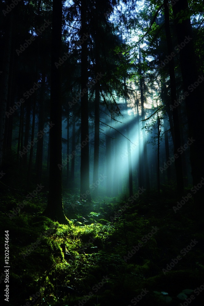 Obraz premium Sunbeams in Dark Forest Path
