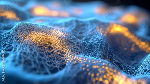 30.A conceptual 3D image of a magnified skin layer with collagen and elastin fibers visualized in intricate detail. The fibers glow softly, representing their vital role in maintaining skin firmness photo