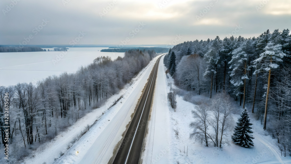 Snowy Landscape with Road and Forest near Frozen Lake in Winter Snowy Landscape with Road and Forest near Frozen Lake in Winter