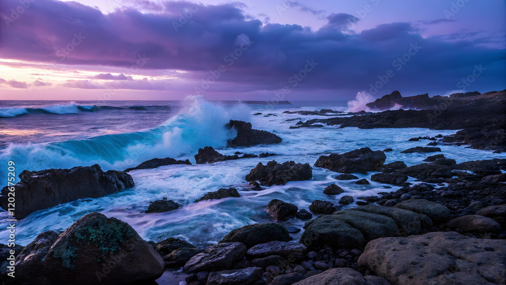 Dramatic Ocean Wave Crashing on Rocky Shore at Sunset Colors Dramatic Ocean Wave Crashing on Rocky Shore at Sunset Colors