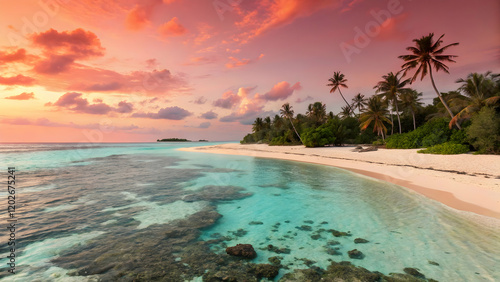 Serene Tropical Beach with Sunset over Calm Waters and Palm Trees