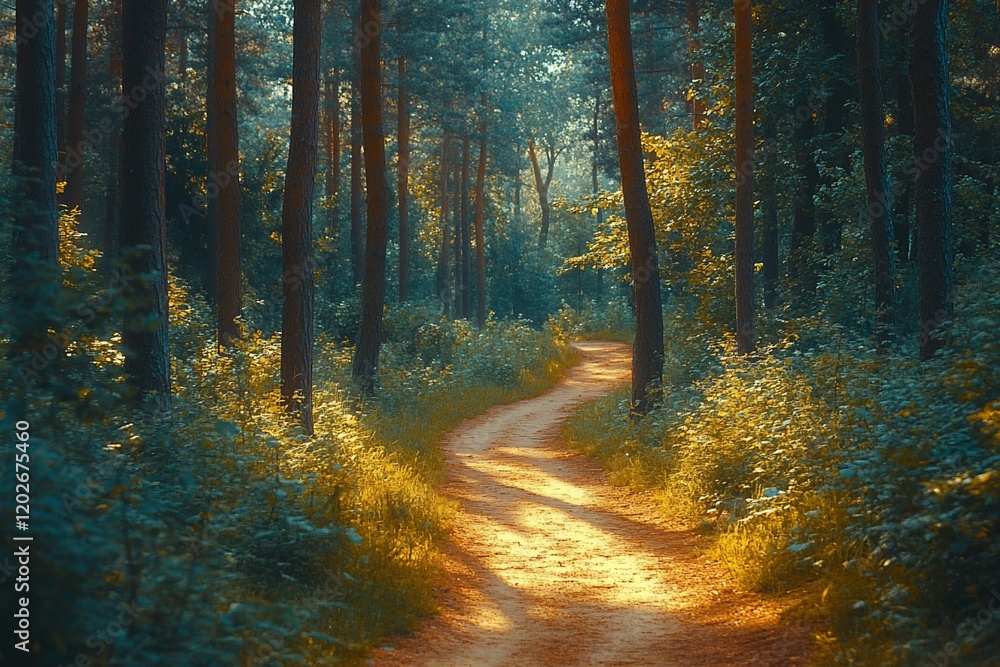 Sunlit Forest Path Winding trail through lush woodland, dappled sunlight, nature backdrop, ideal for travel/nature themes Sunlit Forest Path Winding trail through lush woodland, dappled sunlight, nature backdrop, ideal for travel/nature themes