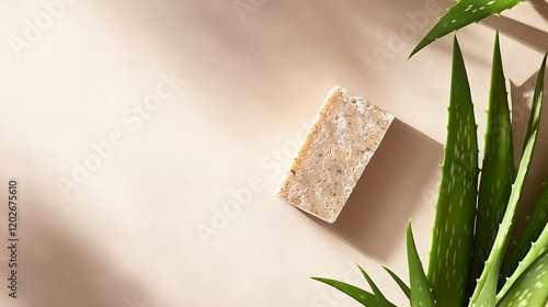 Wallpaper Mural 45.A flat lay of a handmade soap bar with rough, natural edges, paired with vibrant green aloe vera leaves, set on a neutral beige background with soft shadows. Torontodigital.ca