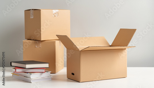 Cardboard boxes and stacked books on a table