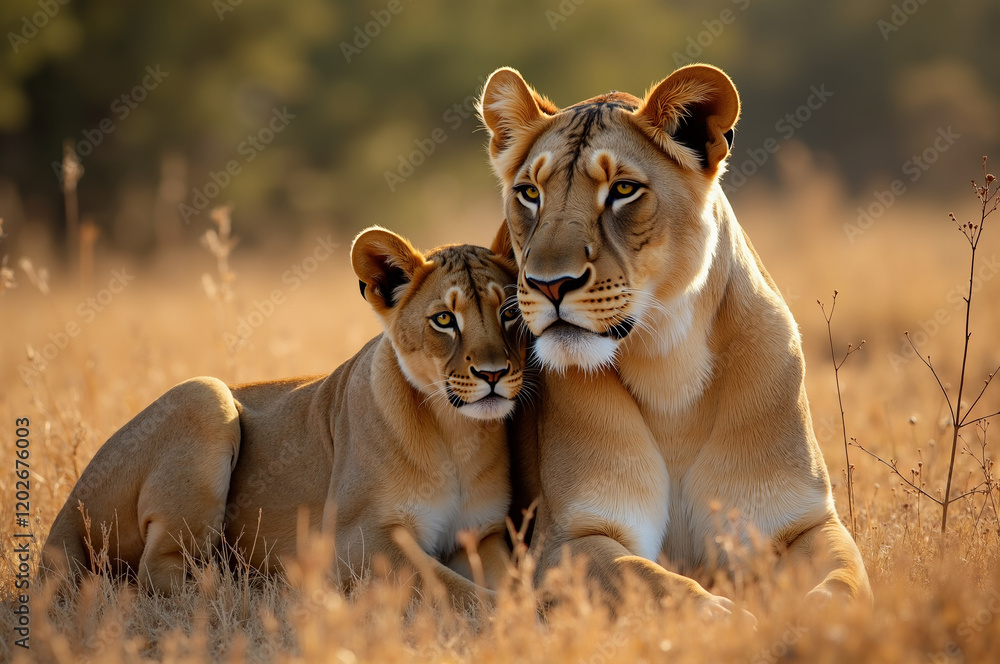 Mother lion and cub cuddling in the golden savanna during sunset. Mother lion and cub cuddling in the golden savanna during sunset.
