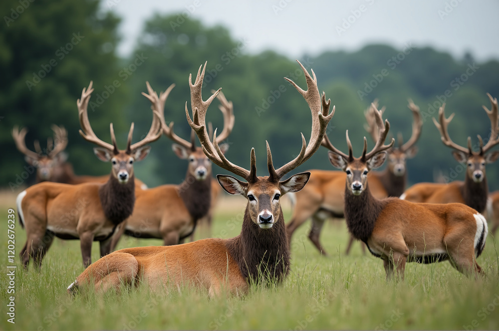 Group of majestic deer with large antlers resting in a grassy meadow. Group of majestic deer with large antlers resting in a grassy meadow.