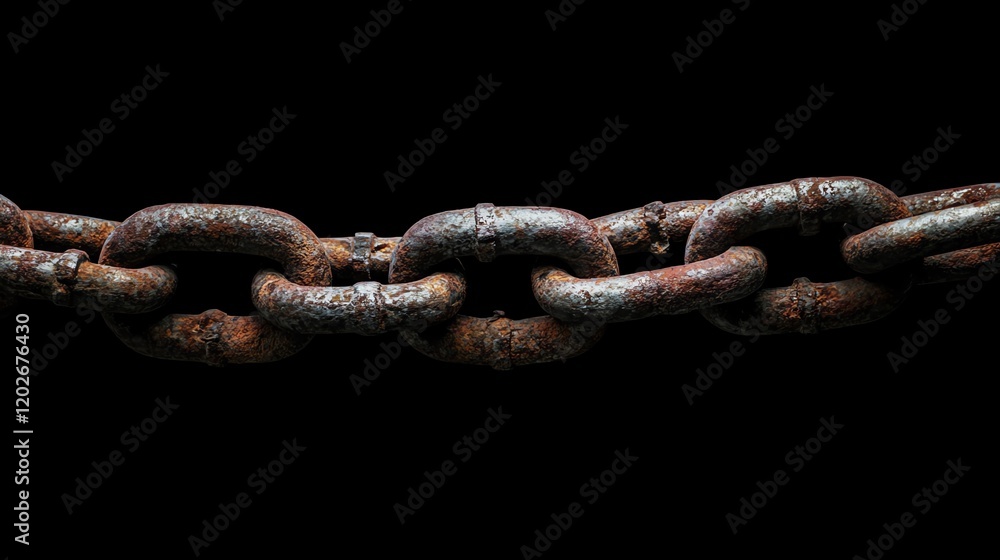 Fototapeta premium Rusty chain links against a black background, symbolizing strength and resilience in harsh conditions.