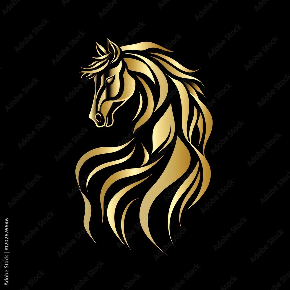 Fototapeta premium Golden horse illustration with mane flowing on a black background for design use
