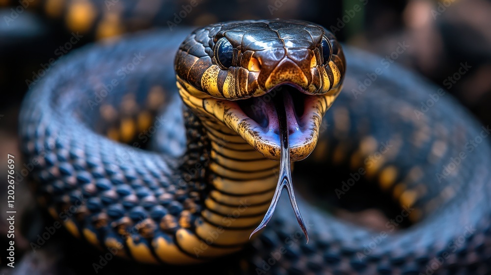 Close-up of a venomous snake with its tongue out. Perfect for wildlife, nature, or danger themes. Close-up of a venomous snake with its tongue out. Perfect for wildlife, nature, or danger themes.
