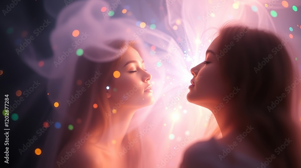 Two young women with soft features and long hair, surrounded by dreamy lights and ethereal textures. Two young women with soft features and long hair, surrounded by dreamy lights and ethereal textures.